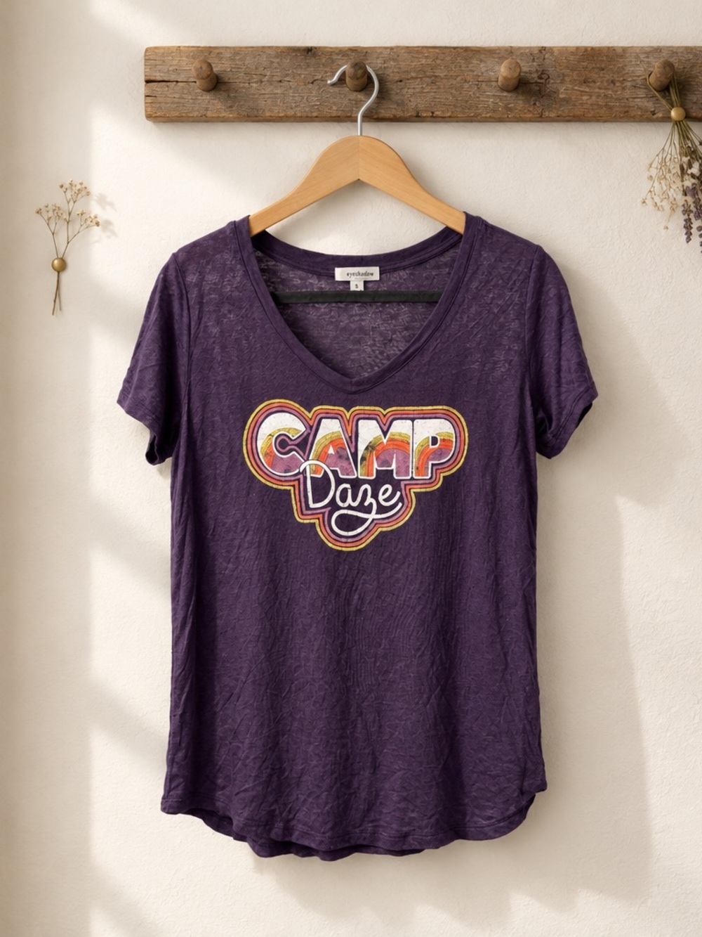NWT Eyeshadow Women’s Purple Short Sleeve Graphic Tee Shirt Camp Daze - Size S